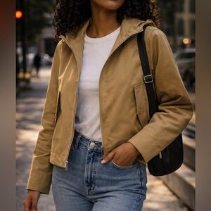 Steve Madden Cropped Utility Jacket Tan Hooded Zip Lightweight Medium NWT